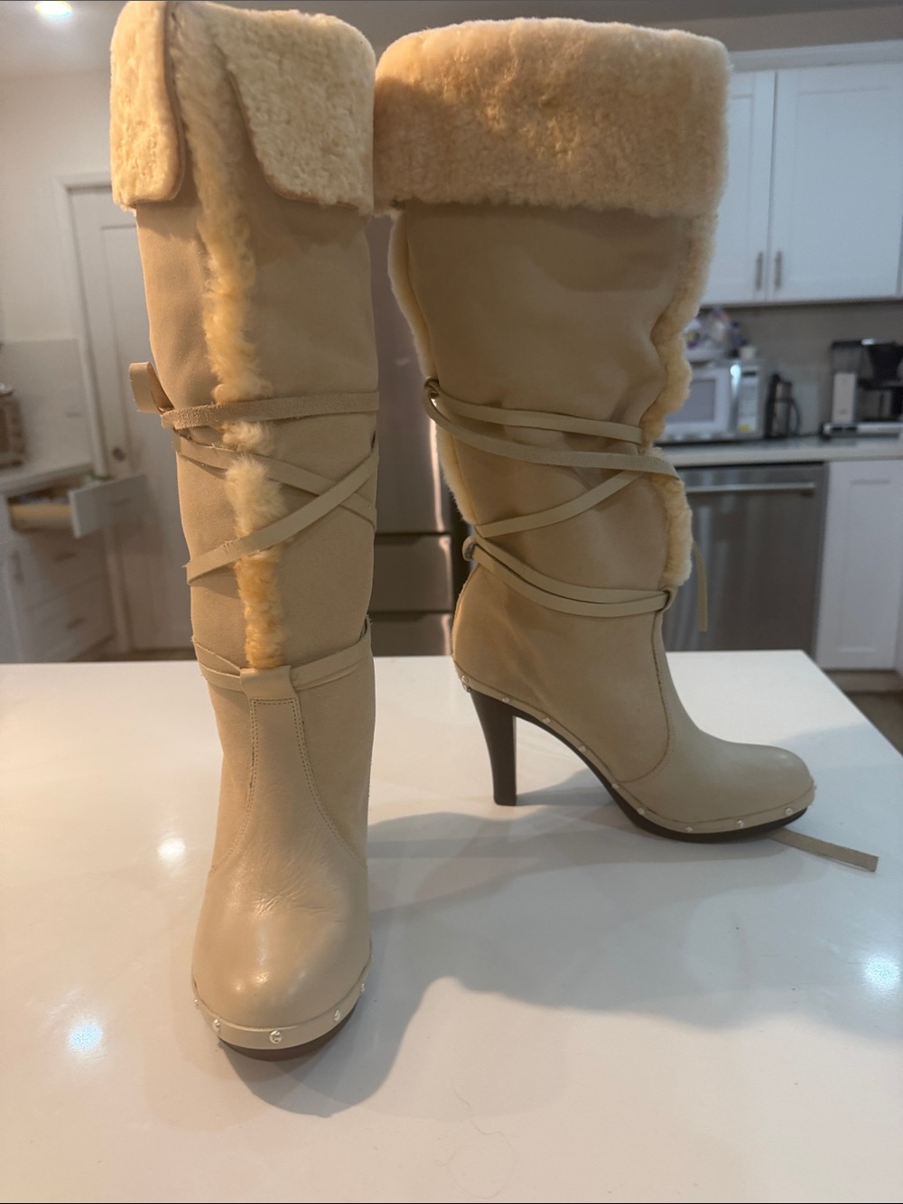 Michael Kors Collection Cream Shearling-Trim Mid-Calf Heeled Boots vintage Y2K